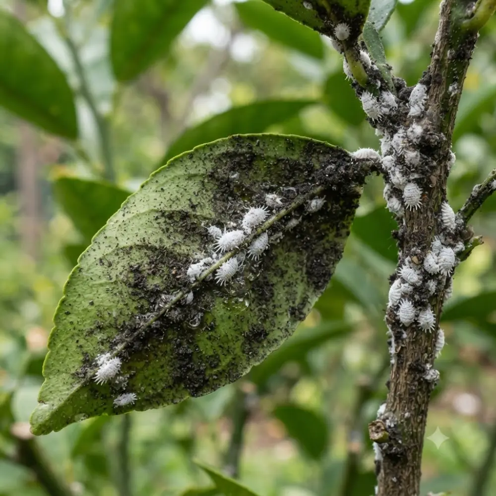 Cochenilles farineuses blanches et dépôt de fumagine noire sur une feuille et une tige d'agrume