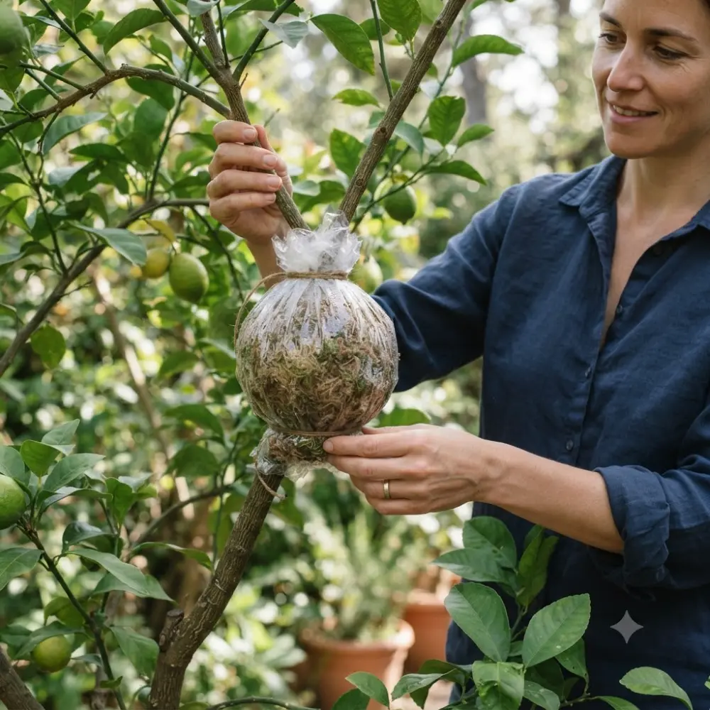 Marcottage aérien sur un agrume — boule de mousse de sphaigne enveloppée de film plastique