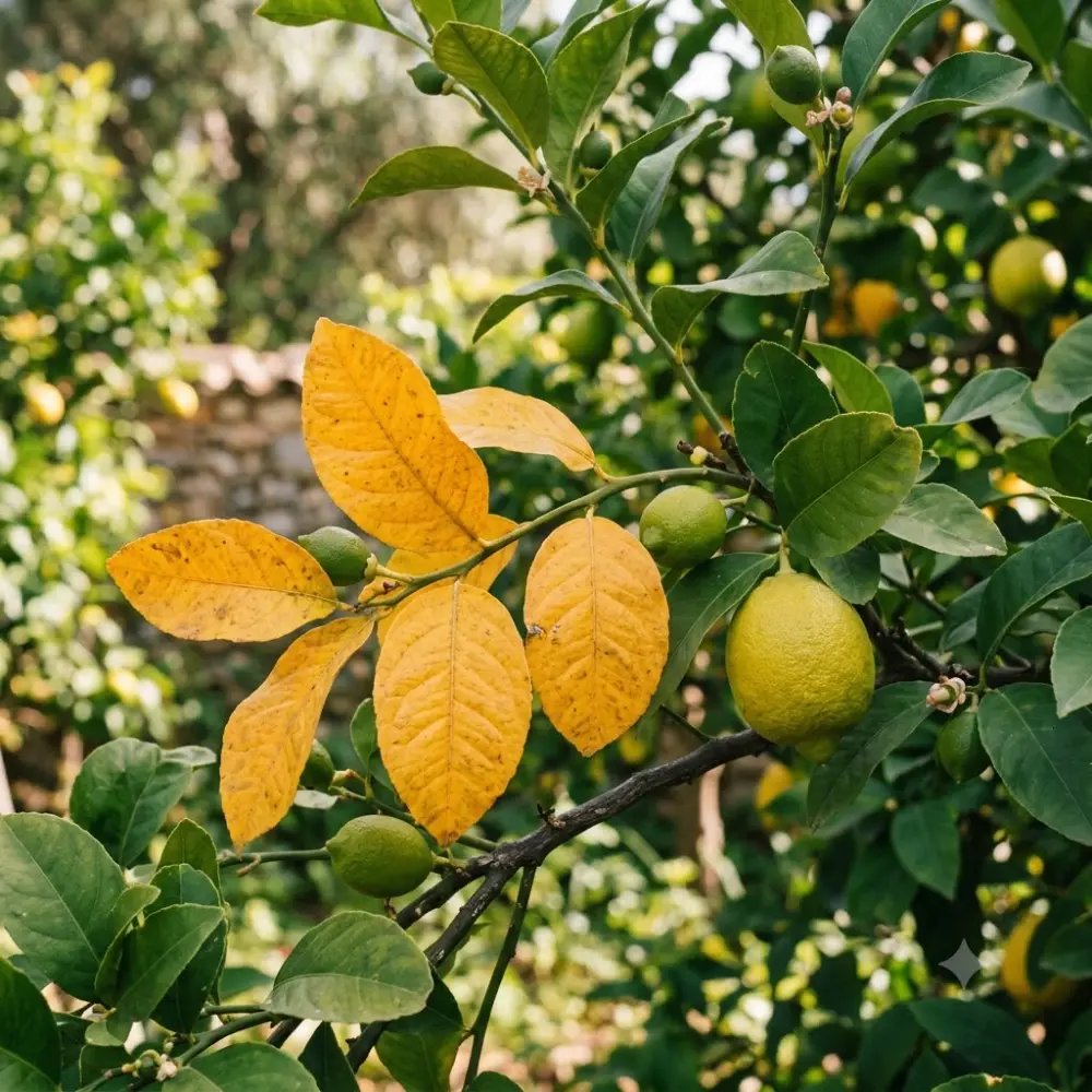Feuilles jaunes sur un agrume