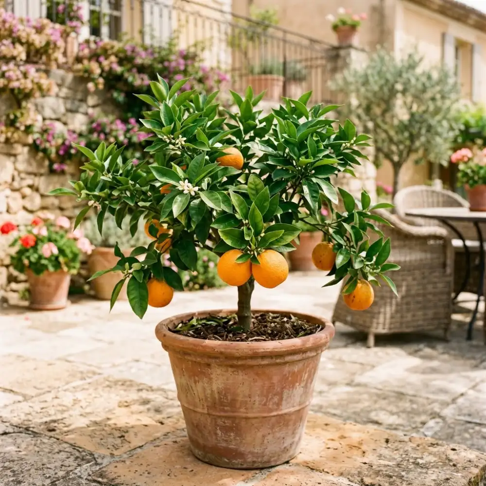 Oranger en pot sur une terrasse