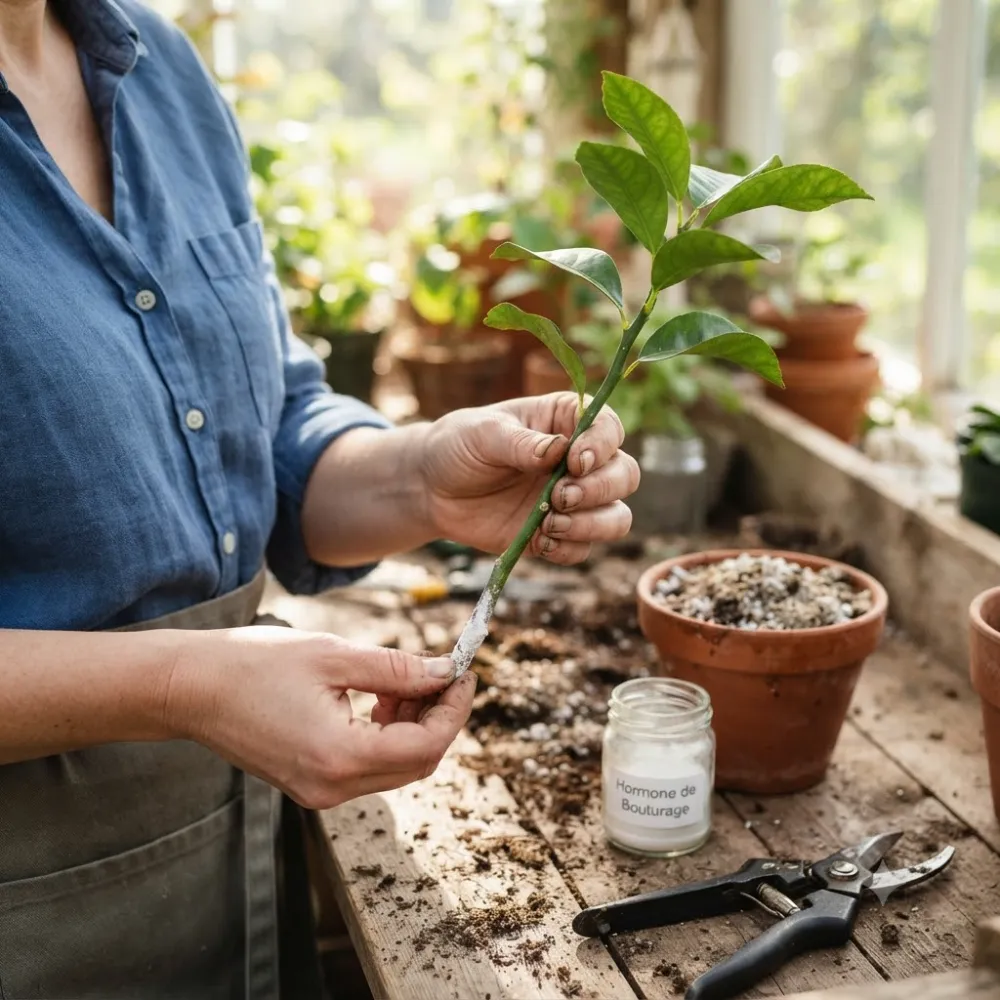 Bouturage de citronnier — préparation d'une bouture semi-aoûtée avec hormones d'enracinement