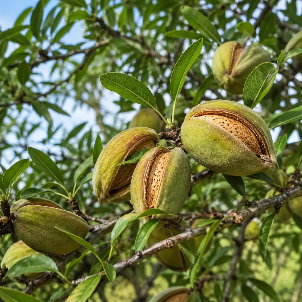 Amandes fraîches avec brou vert s'ouvrant à la récolte en été