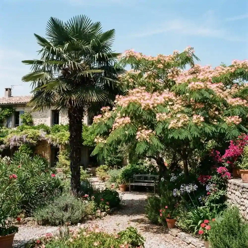 Palmier de Chine Trachycarpus fortunei et arbre de soie Albizia julibrissin en fleurs dans un jardin du Midi