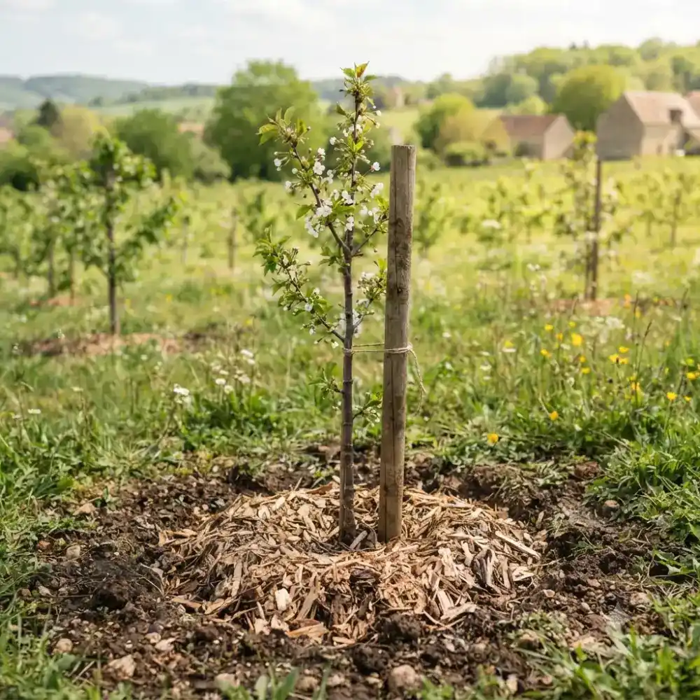 Jeune cerisier planté en mai avec paillage de copeaux et tuteur, verger de printemps en France