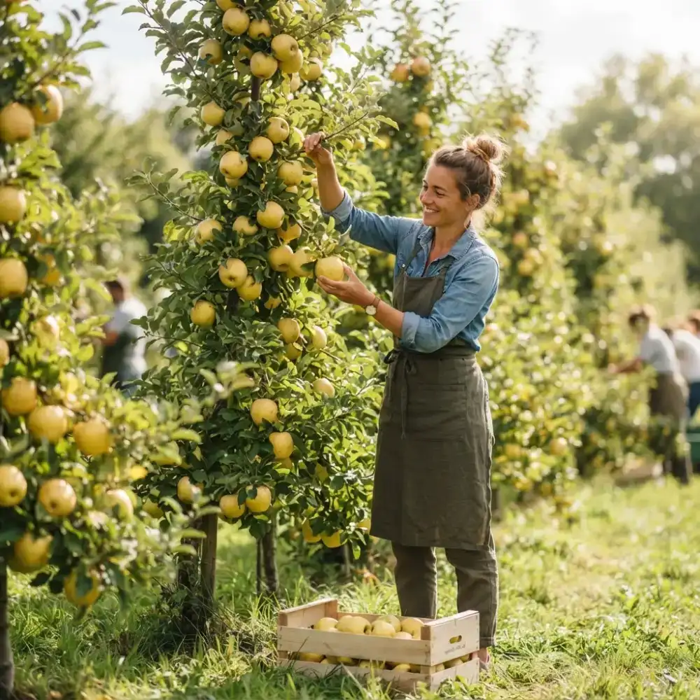Pommes Golden mûres sur arbre fruitier en verger, récolte d’été après plantation de printemps