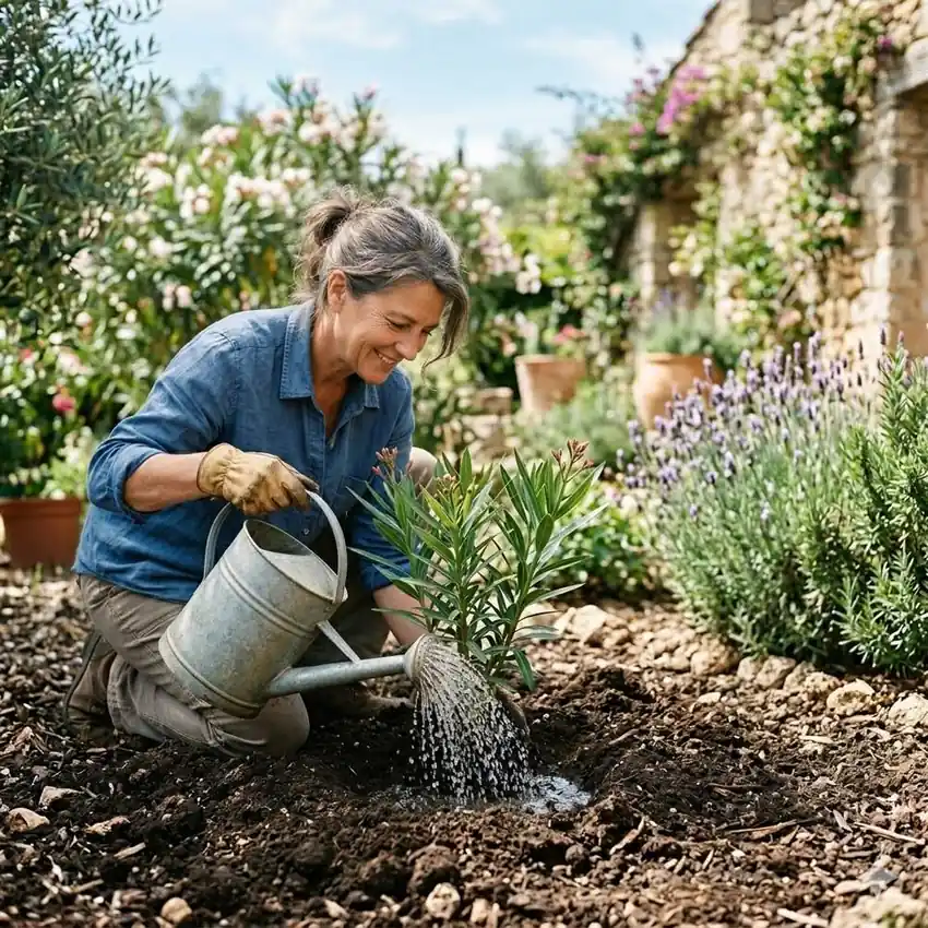 Arrosage d'un jeune laurier rose fraîchement planté à l'arrosoir