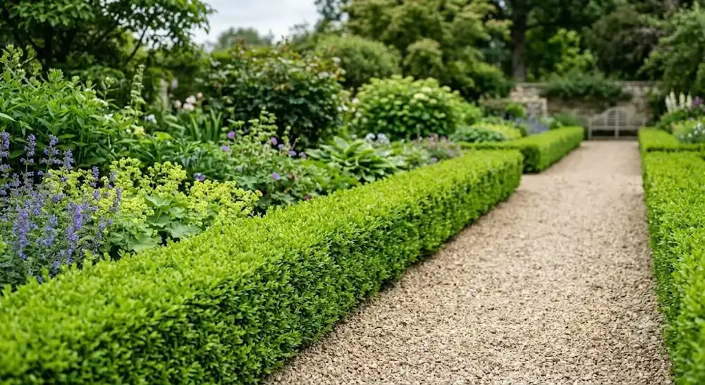 Bordure basse taillée de Lonicera nitida chèvrefeuille nain au feuillage minuscule, allée de jardin