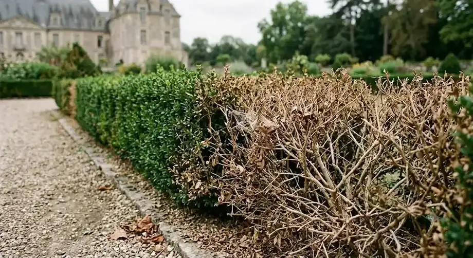 Bordure de buis défoliée et brunie par la pyrale du buis, feuillage attaqué