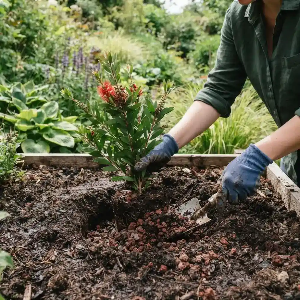 Plantation d’un callistemon — amendement du sol avec pouzzolane pour améliorer le drainage
