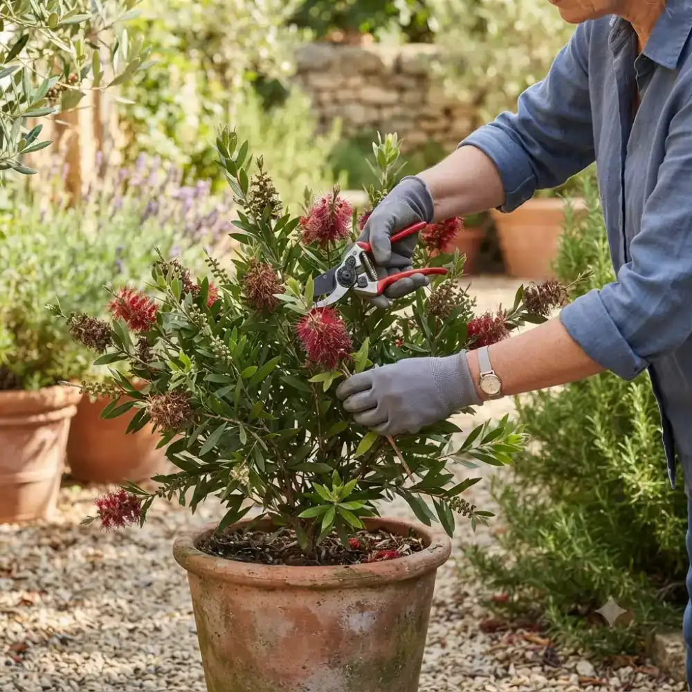taille post-floraison du callistemon en pot en juillet, coupe des rameaux fleuris au sécateur