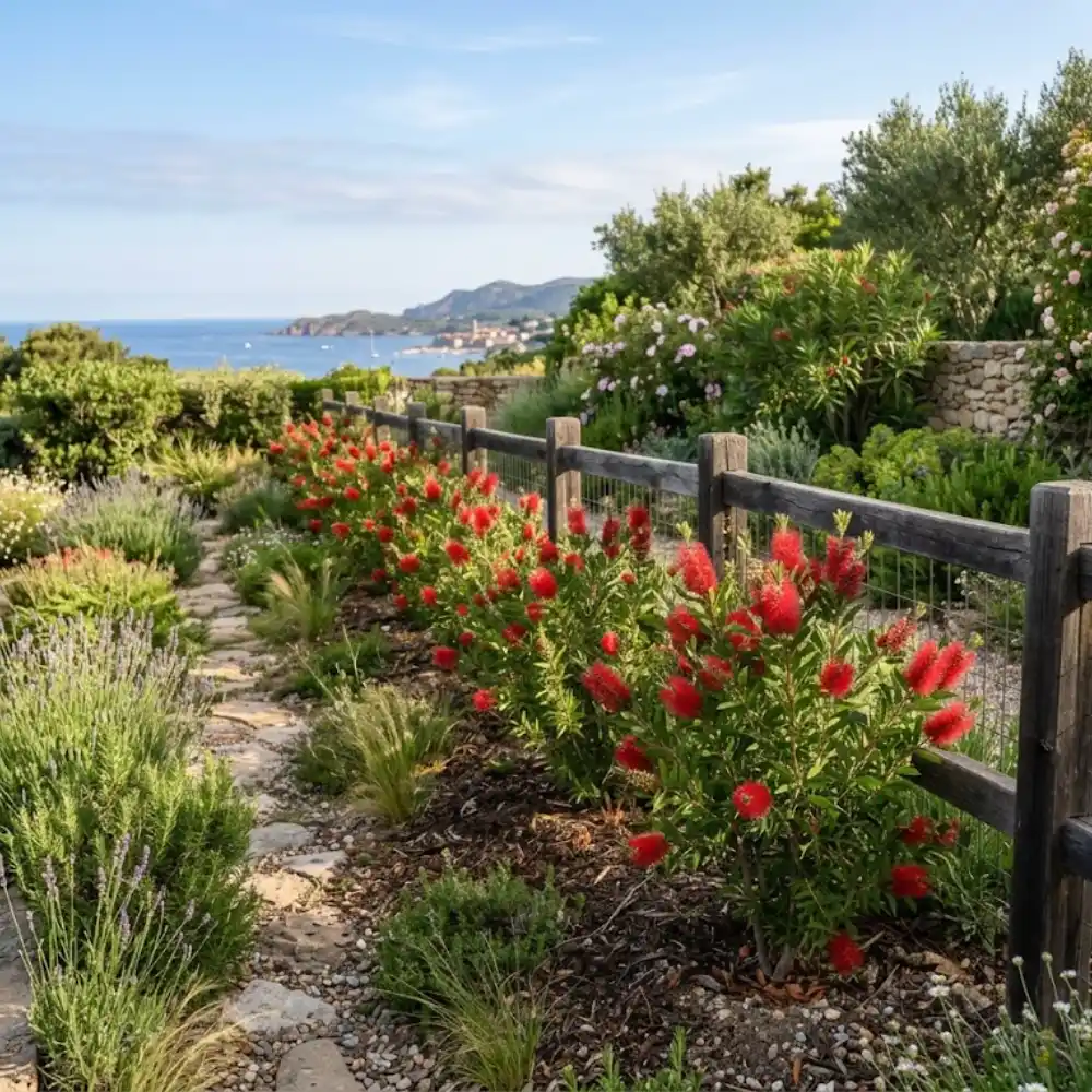 Association callistemon rouge, agapanthes bleues et phormium dans un jardin méditerranéen sec