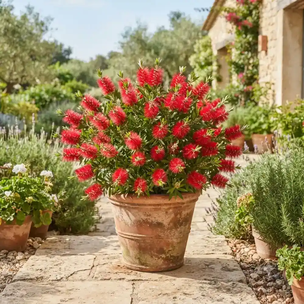 callistemon rince-bouteille en fleurs dans un grand pot en terre cuite sur terrasse ensoleillée