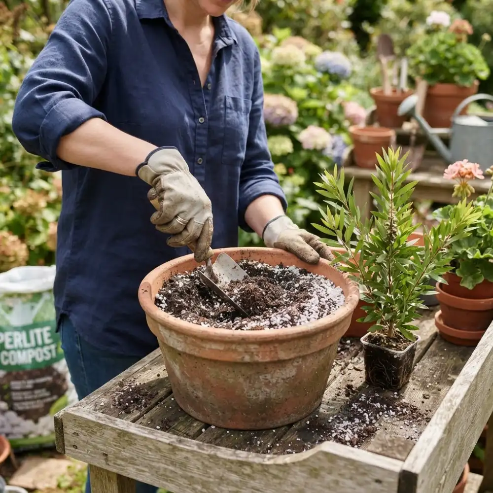 préparation du substrat drainant pour callistemon en pot, mélange terreau et perlite