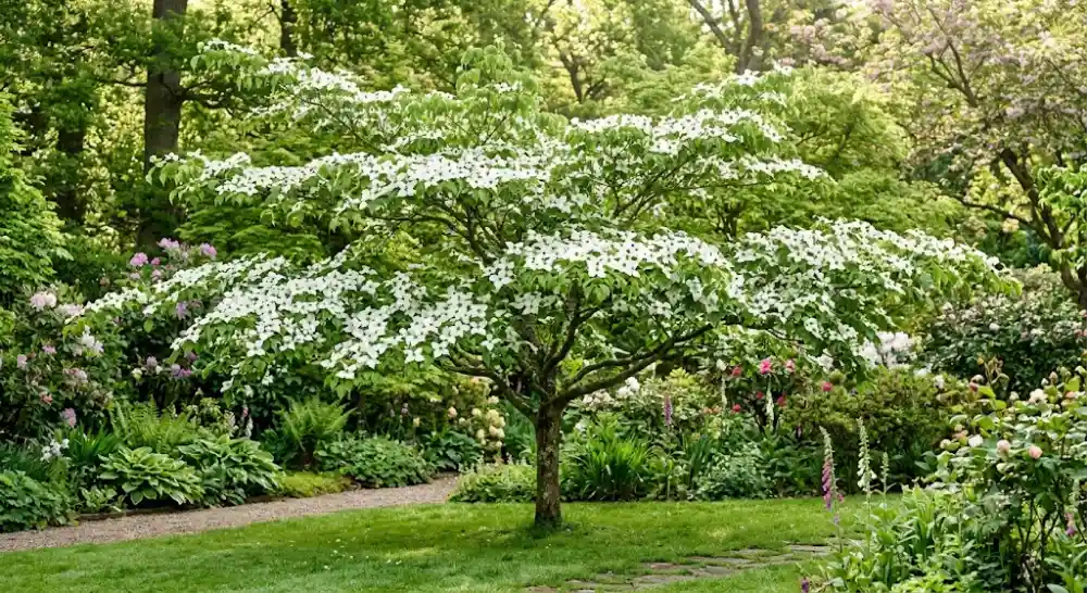 Cornouiller du Japon Cornus kousa couvert de bractées blanches en étoile au printemps dans un jardin de mi-ombre