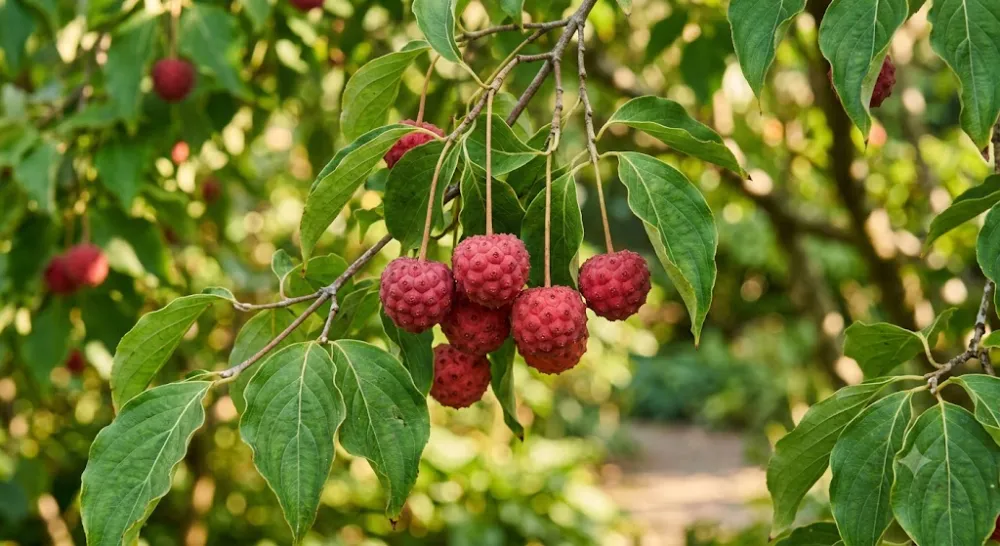 Fruits rouges comestibles du cornouiller du Japon Kousa
