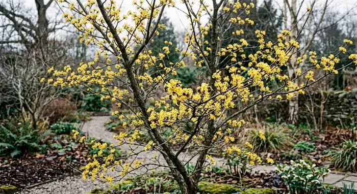 Cornouiller mâle (Cornus mas) en floraison jaune de fin d'hiver