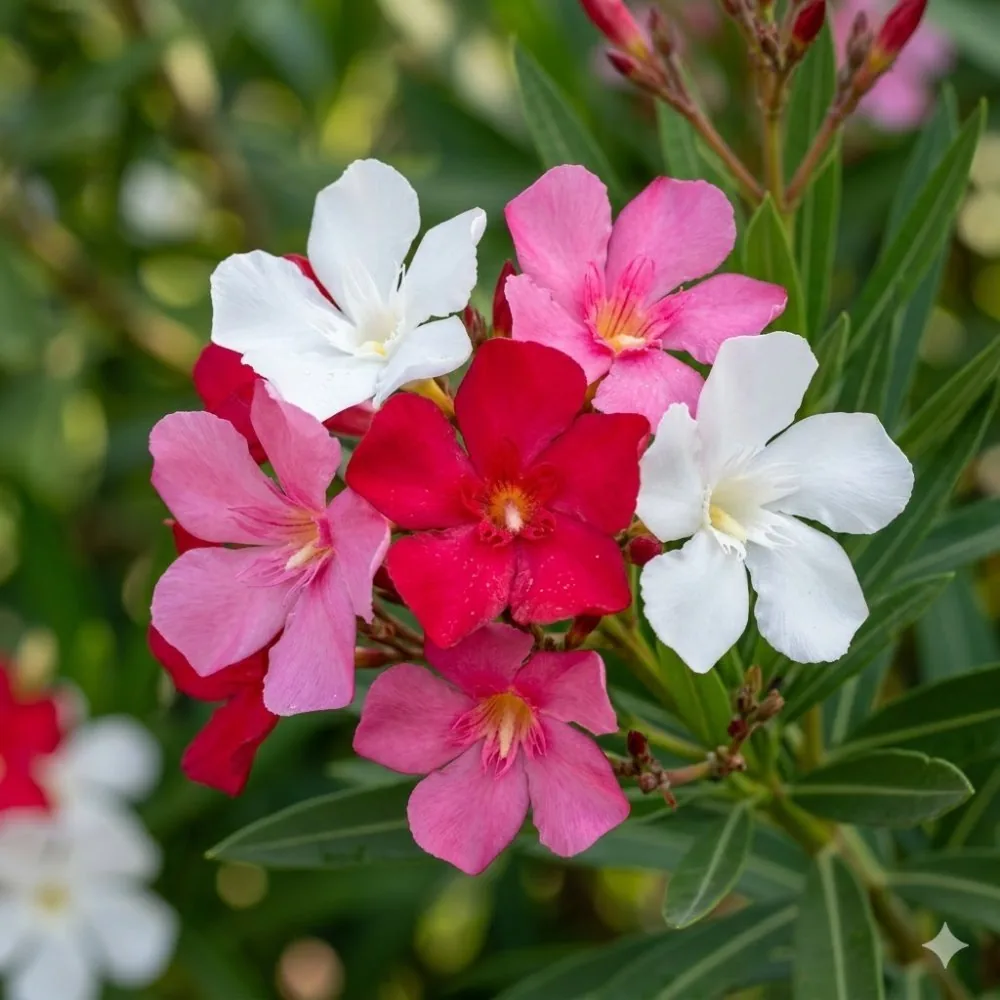 Gros plan de fleurs de laurier rose de plusieurs couleurs : blanc, rose et rouge, à fleurs simples