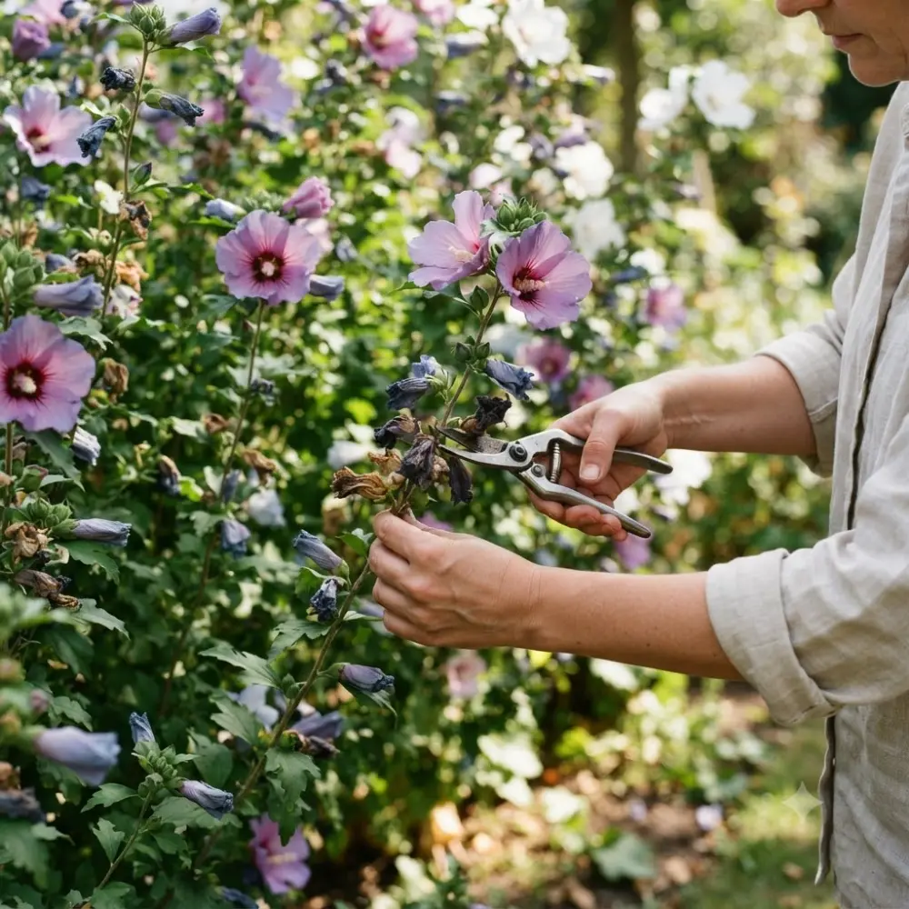 Suppression des fleurs fanées sur un althéa en août pour entretenir la floraison