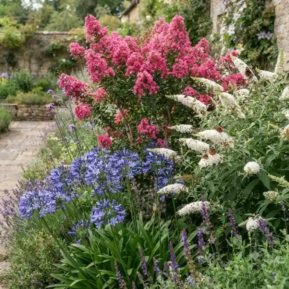 Massif d’été avec lagerstroemia rose, agapanthe bleue et buddleia blanc en juillet