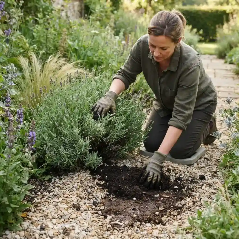 Geste d’apport de compost sous gravier décoratif autour d’une lavande, entretien annuel du massif minéral