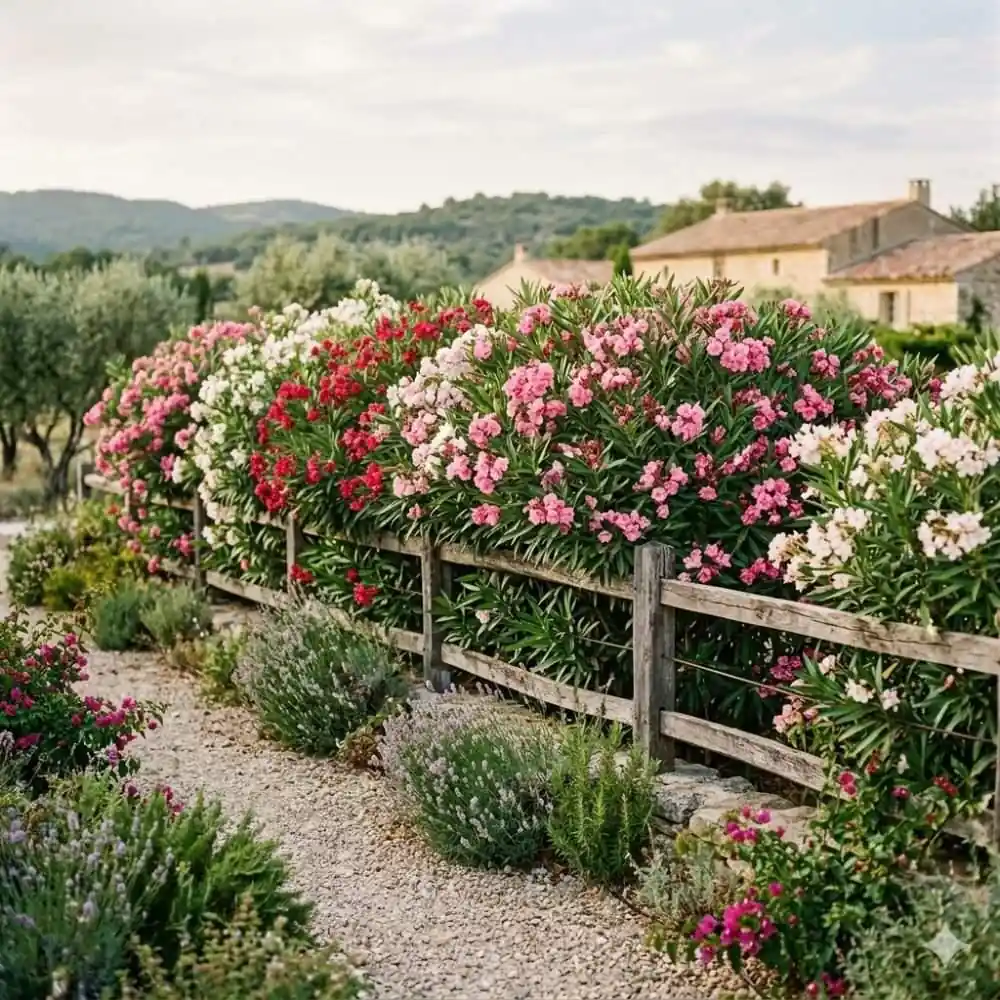 Haie de lauriers roses en fleurs formant un brise-vue le long d'une clôture de jardin méditerranéen