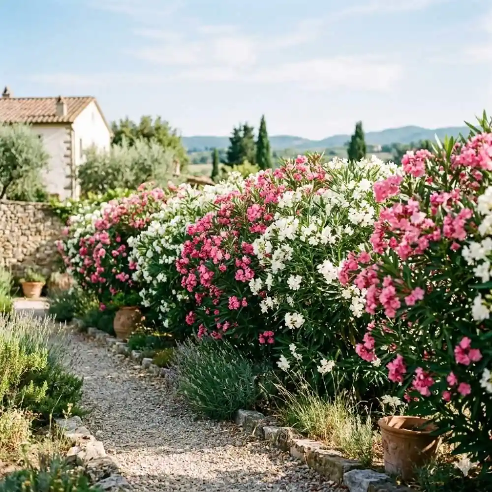 Haie mature de lauriers-roses en pleine floraison rose et blanche dans un jardin méditerranéen ensoleillé