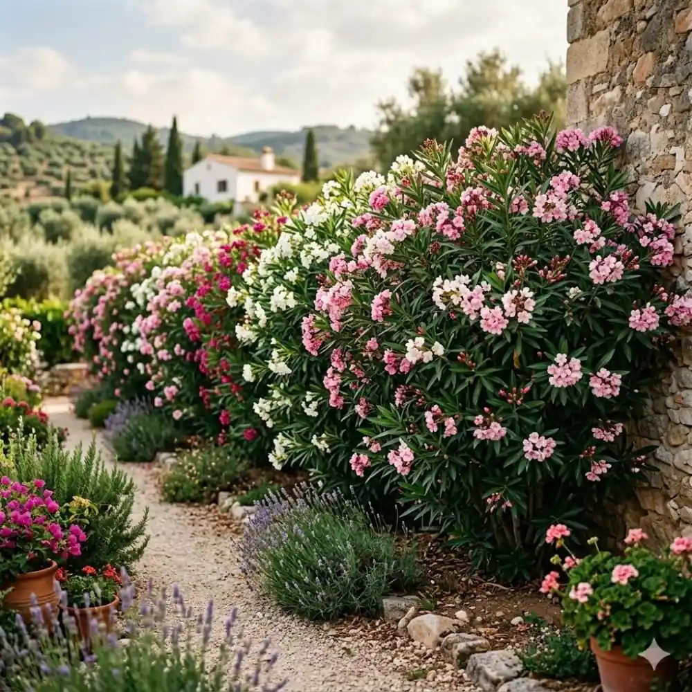 Longue haie dense de lauriers-roses en fleurs servant de brise-vue dans un jardin méditerranéen