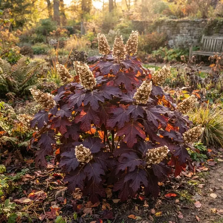 Hortensia à feuilles de chêne au feuillage d'automne pourpre