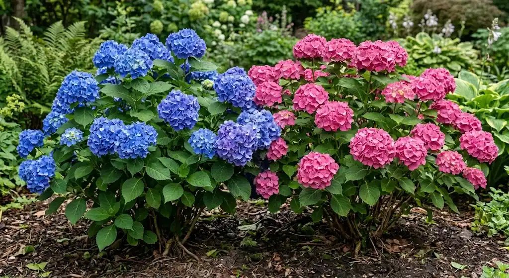 massif d'hortensias macrophylla aux têtes bleues et roses en mi-ombre