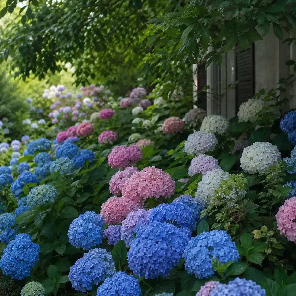 Massif d'hortensias bleus, roses et blancs en mi-ombre
