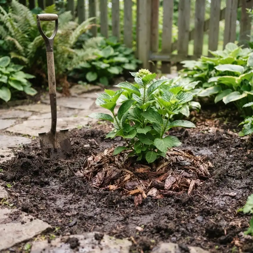 Jeune hortensia planté en sol frais, motte paillée