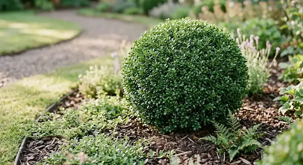 Boule taillée d'Ilex crenata houx crénelé au feuillage fin et dense, alternative au buis