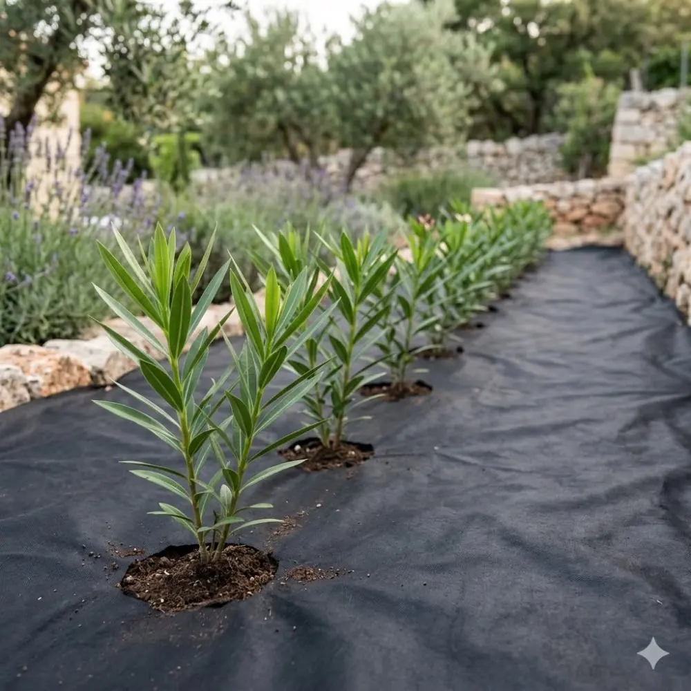 Jeunes lauriers-roses plantés le long d'une toile de paillage pour une haie nette et sans herbes