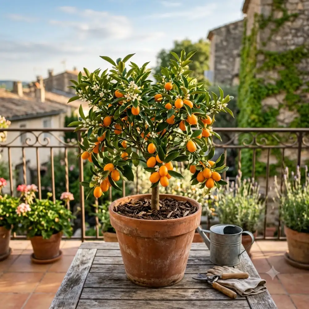 Branche de kumquat sur un balcon