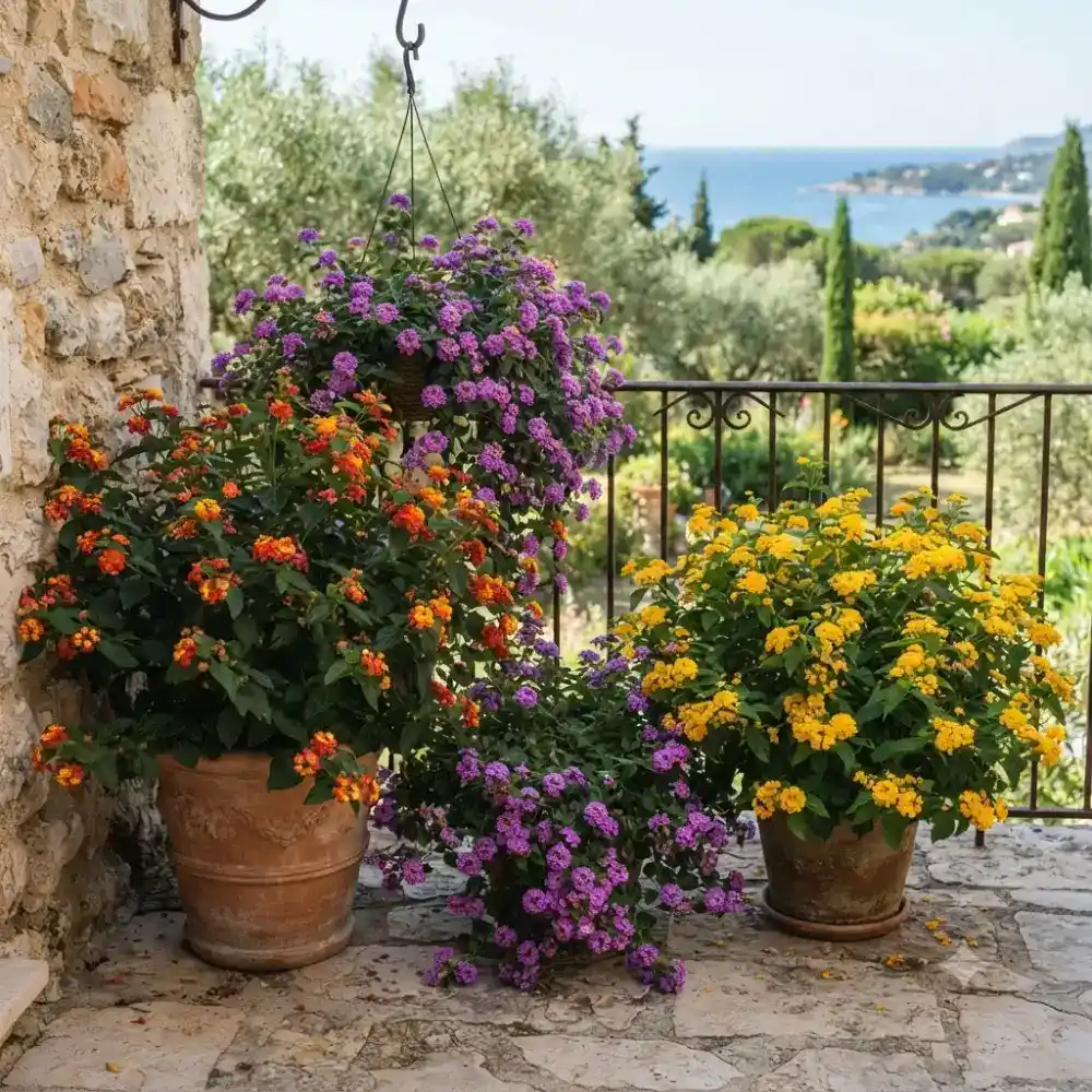 Trois variétés de Lantana en fleurs sur une terrasse méditerranéenne — camara, montevidensis et hybride
