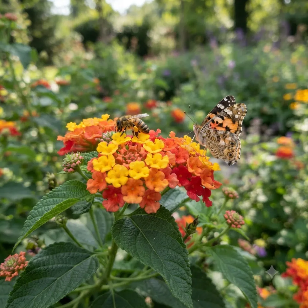 Ombelle de Lantana camara multicolore avec abeille et papillon — fleurs changeant du jaune au rouge