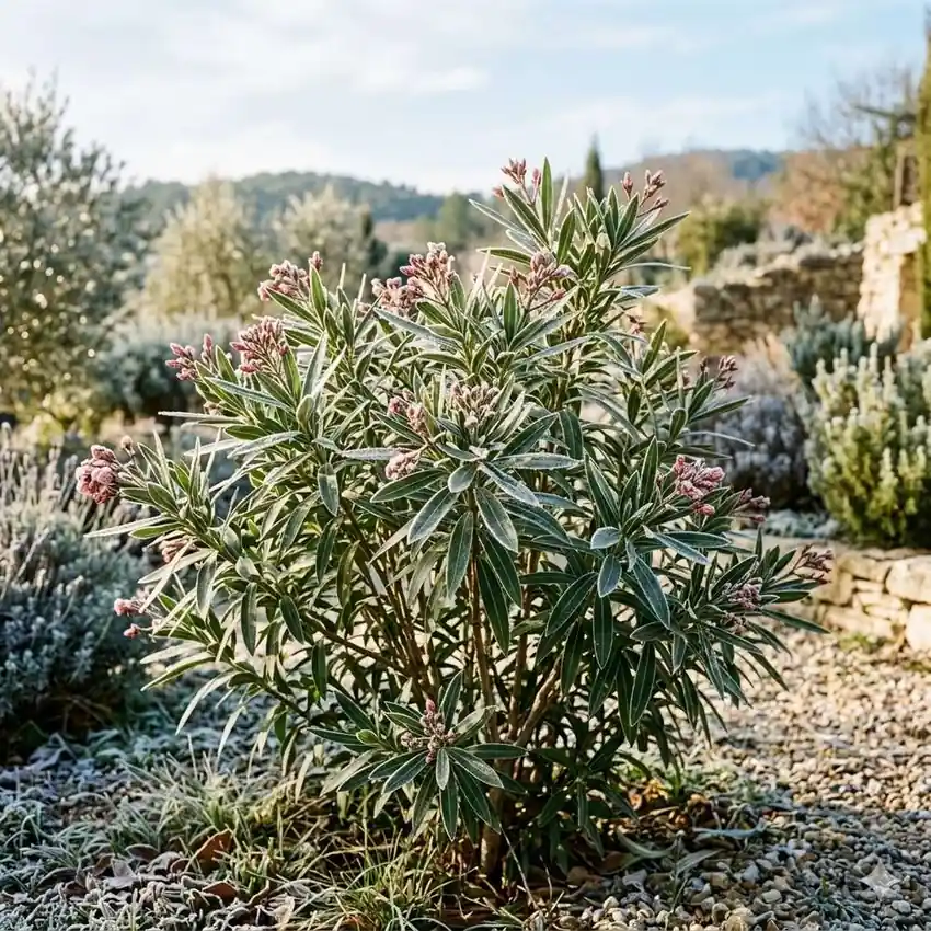 Longue haie de lauriers roses en fleurs roses le long d'une terrasse méditerranéenne avec vue
