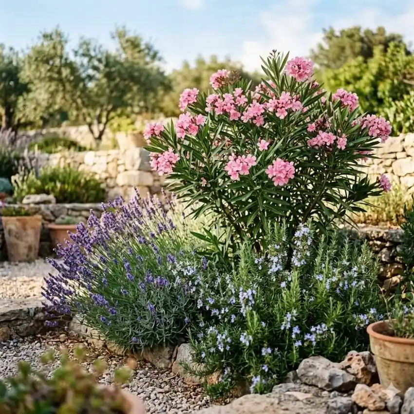 Laurier rose associé à de la lavande et du romarin en fleurs dans un jardin méditerranéen ensoleillé