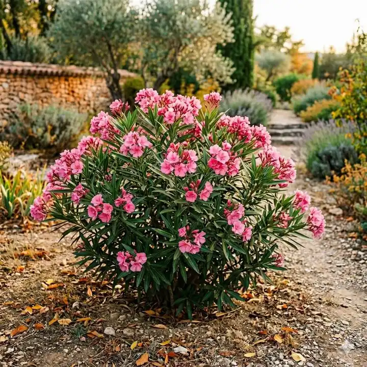 Laurier rose bien établi en pleine floraison un an après la plantation dans un jardin méditerranéen