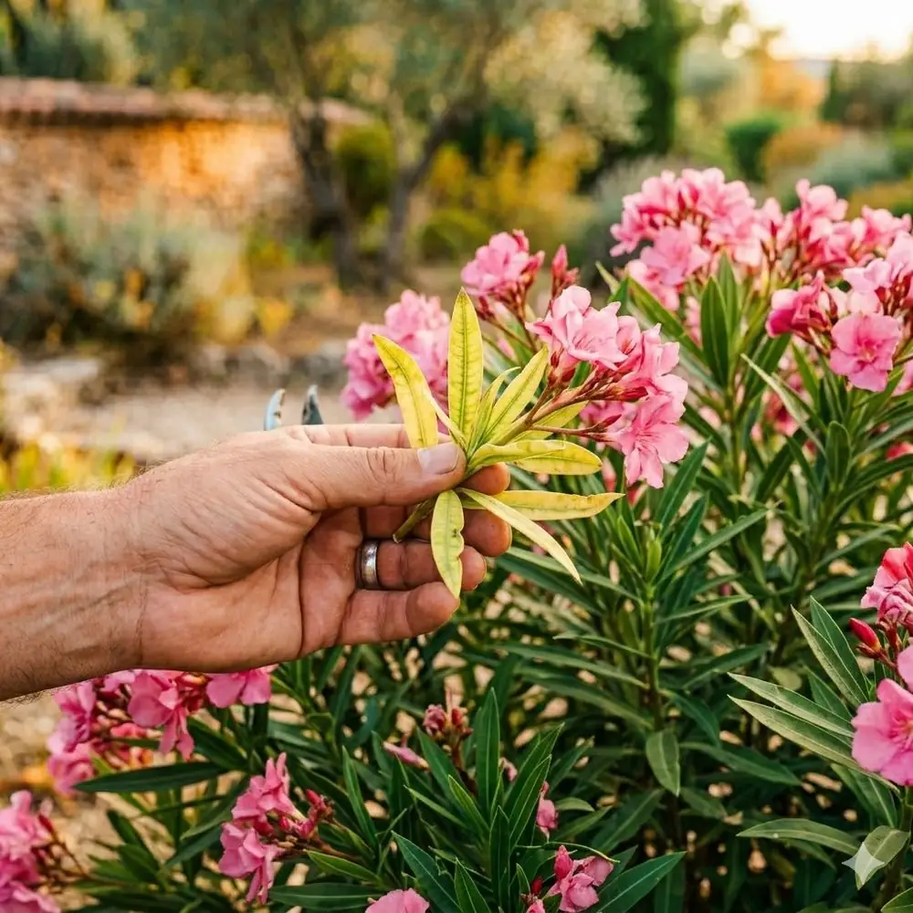 Feuilles jaunes sur un laurier rose inspectées à la main dans un jardin méditerranéen