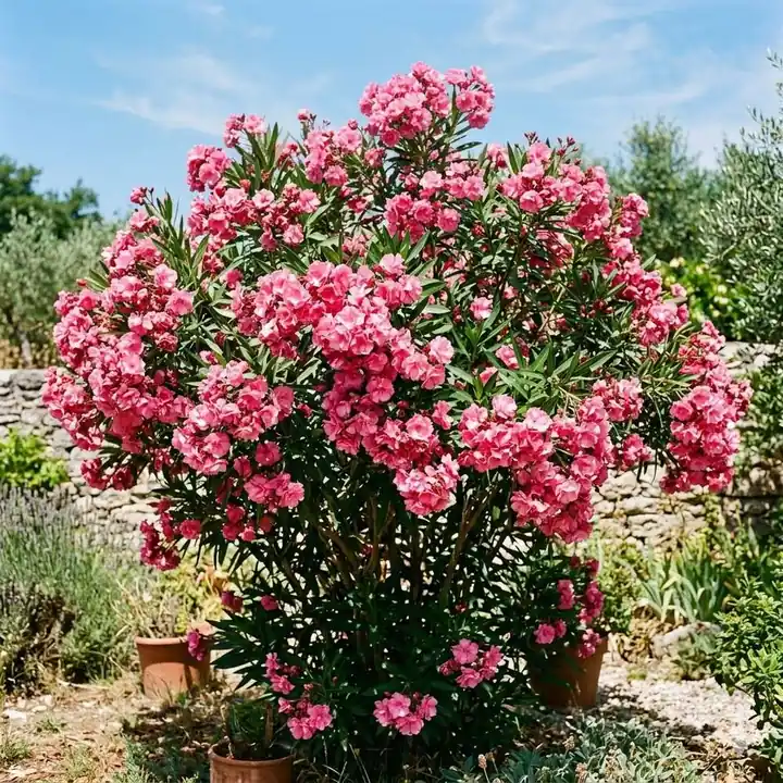 Laurier rose couvert d'abondantes fleurs roses au plus fort de la floraison estivale