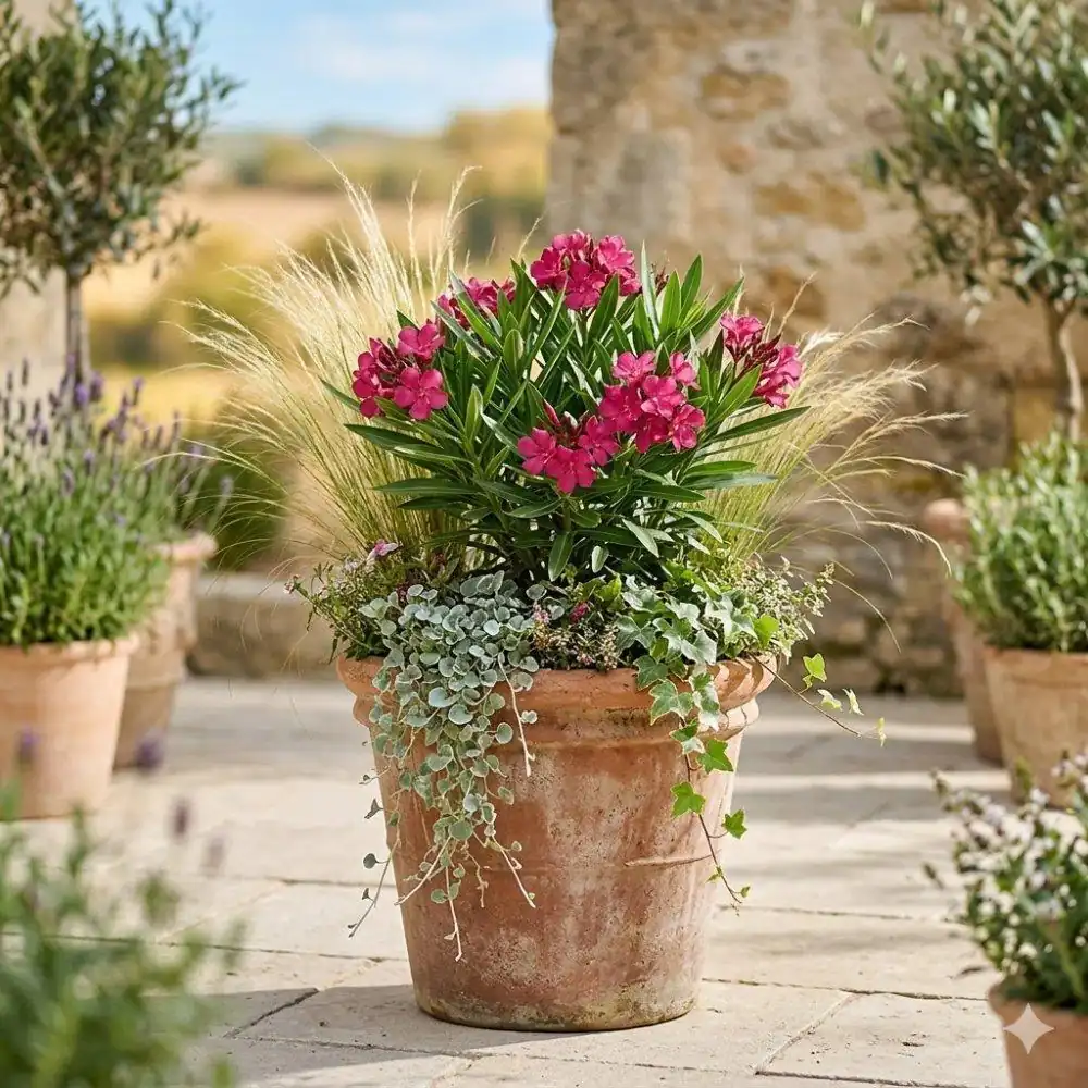 Composition en pot sur une terrasse : laurier rose compact, graminées et plantes retombantes