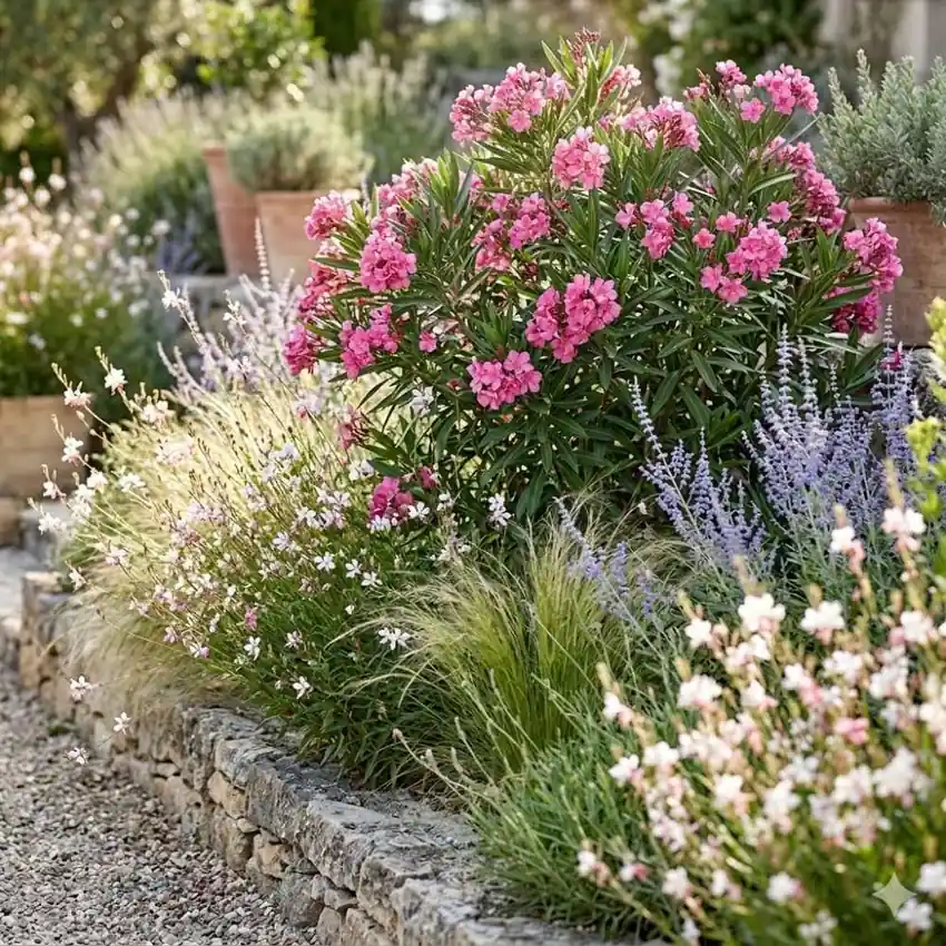 Laurier rose accompagné de graminées légères, de gaura et de perovskia bleue dans un massif ensoleillé
