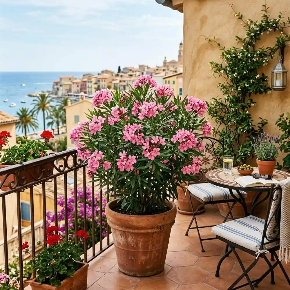Laurier rose fleuri rose dans un grand pot en terre cuite sur un balcon urbain ensoleillé