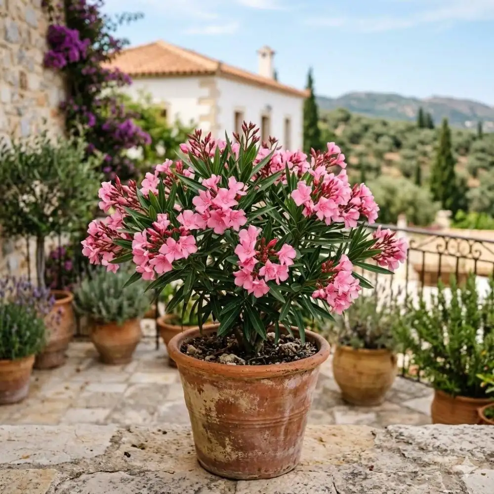 Laurier rose compact en pot de terre cuite sur une terrasse méditerranéenne ensoleillée