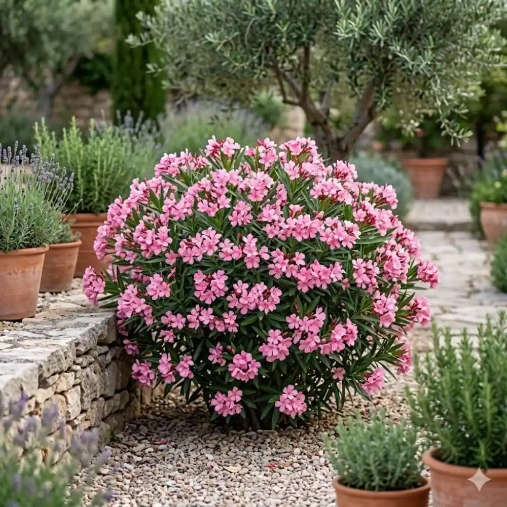Laurier rose dense et spectaculairement fleuri après une taille bien conduite, dans un jardin méditerranéen ensoleillé