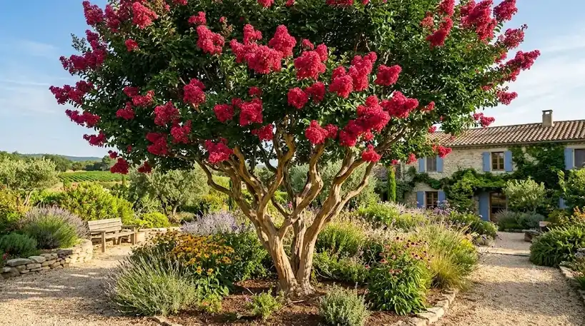 Lagerstroemia indica (lilas des Indes) à la silhouette naturelle élégante en pleine floraison estivale