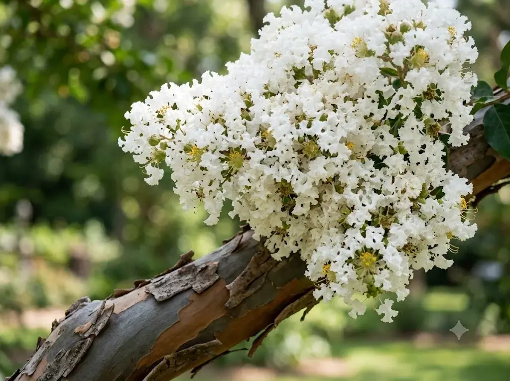 Lilas des Indes Lagerstroemia en pleine floraison estivale rose magenta avec écorce cannelle