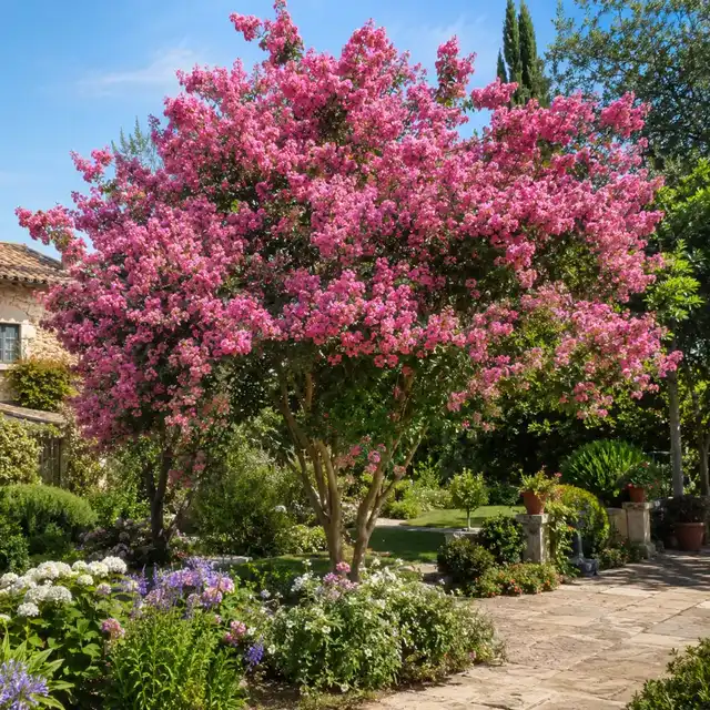Lagerstroemia indica (lilas des Indes) en pleine floraison estivale avec panicules roses abondantes