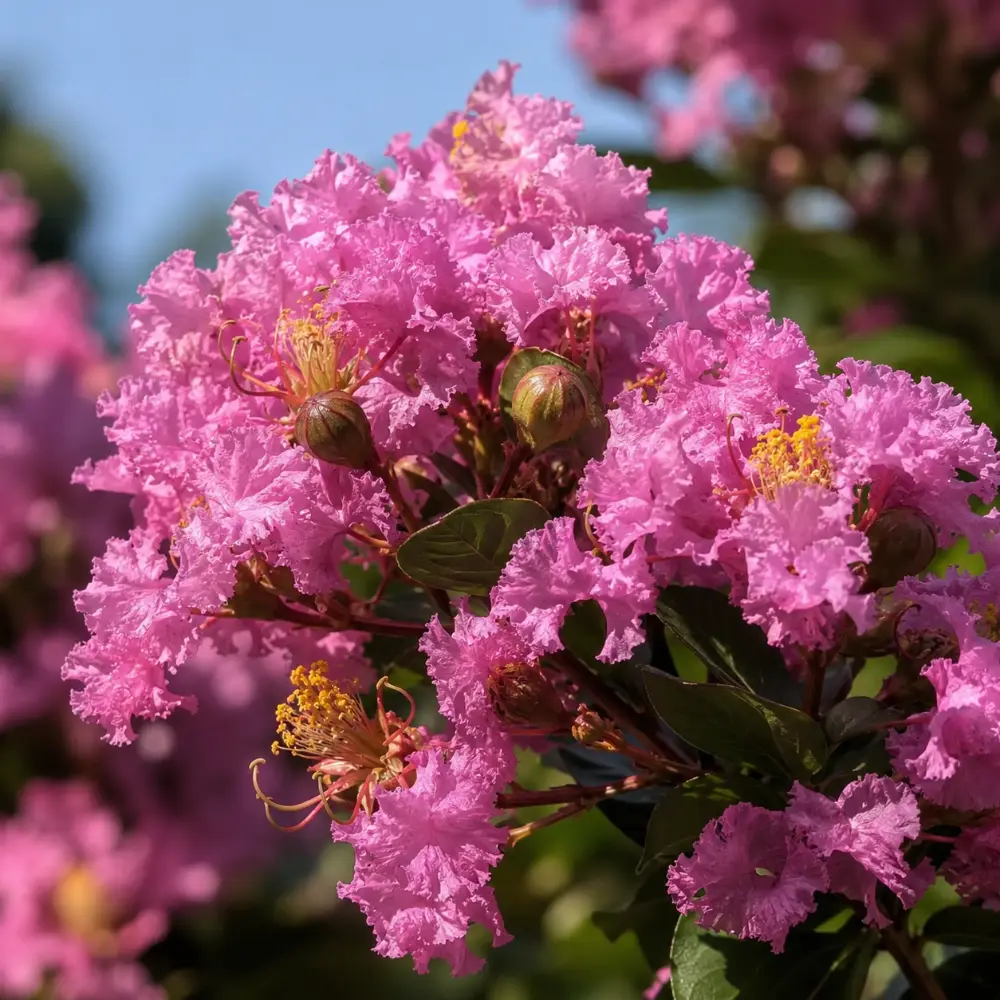 Gros plan sur les panicules froissées du lilas des Indes en fleur en juillet